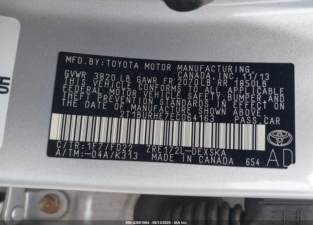 2014 TOYOTA COROLLA VIN: 2T1BURHE7EC064163