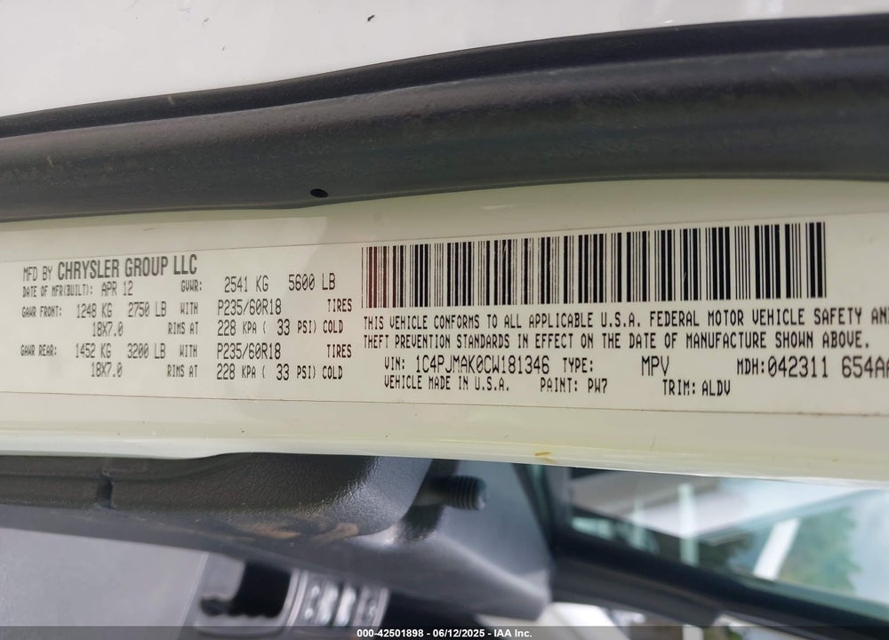 2012 JEEP LIBERTY VIN: 1C4PJMAK0CW181346