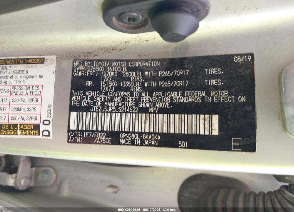 2020 TOYOTA 4RUNNER VIN: JTEZU5JR5L5214622