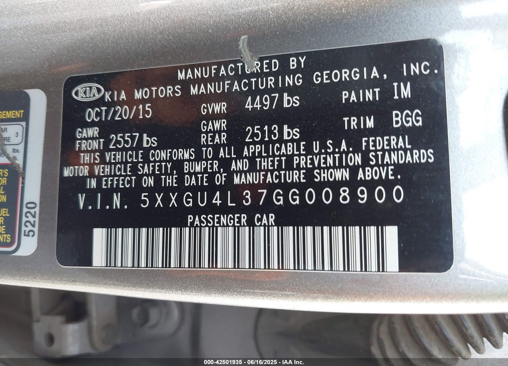 2016 KIA OPTIMA VIN: 5XXGU4L37GG008900