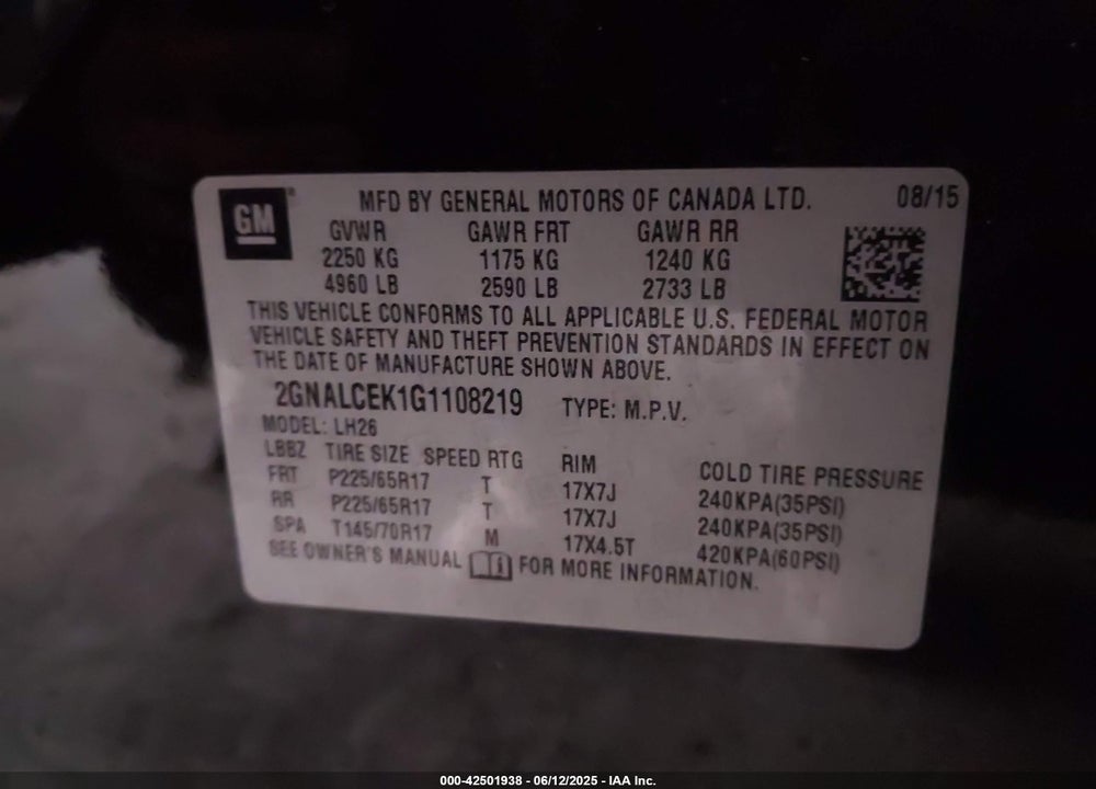 2016 CHEVROLET EQUINOX LT VIN: 2GNALCEK1G1108219