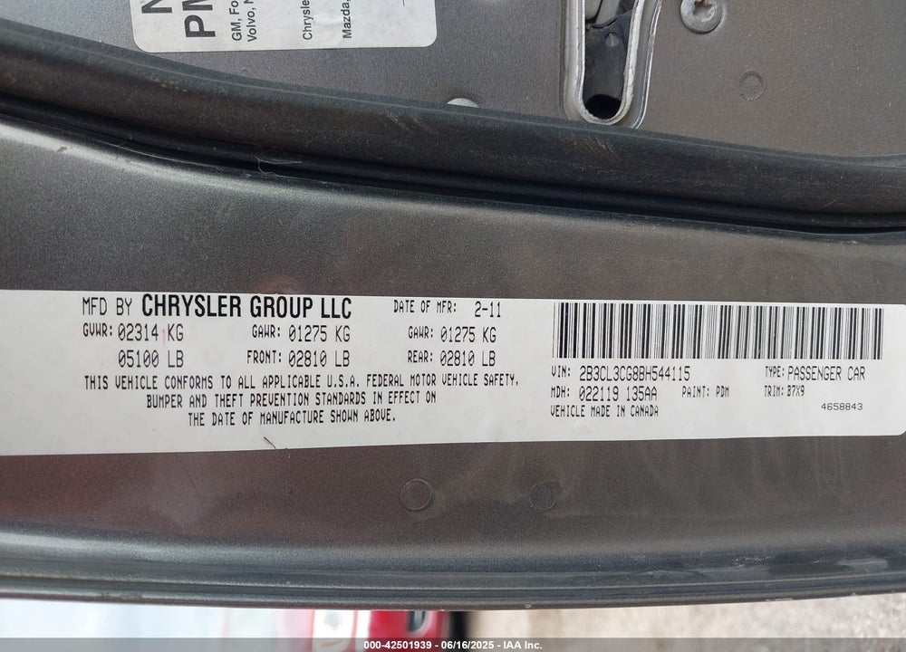 2011 DODGE CHARGER VIN: 2B3CL3CG8BH544115