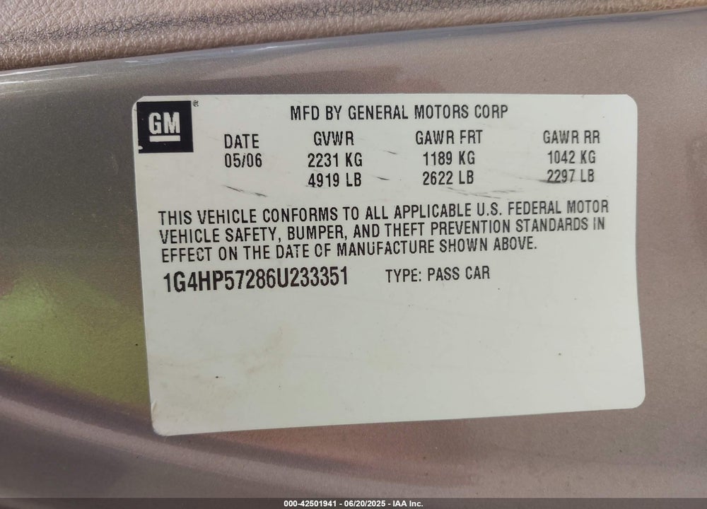 2006 BUICK LUCERNE CX VIN: 1G4HP57286U233351