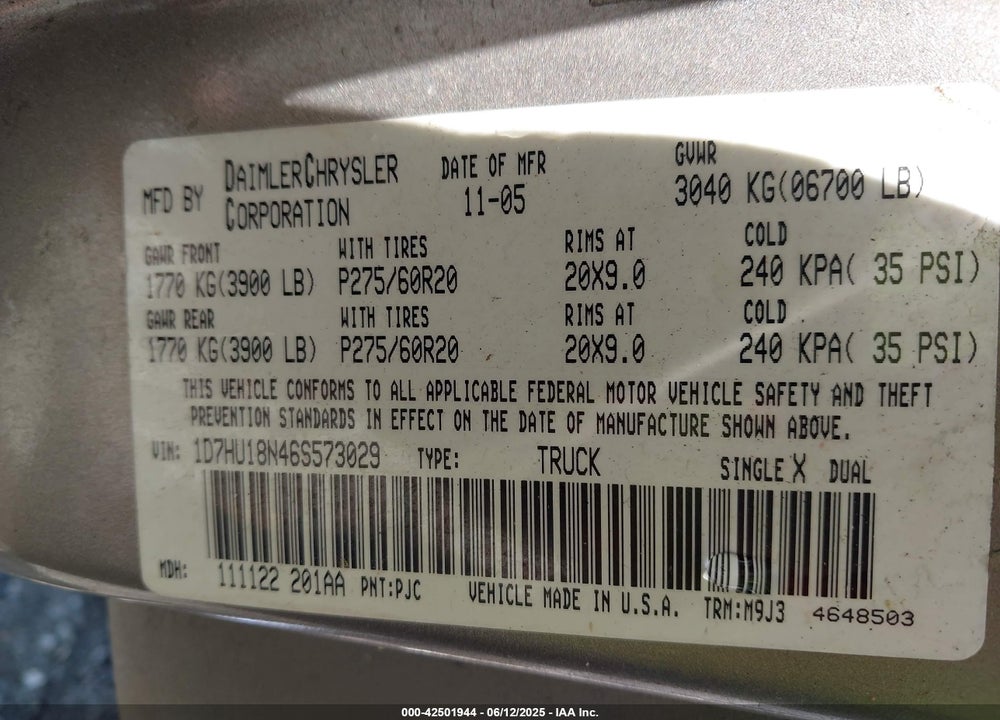 2006 DODGE RAM 1500 VIN: 1D7HU18N46S573029