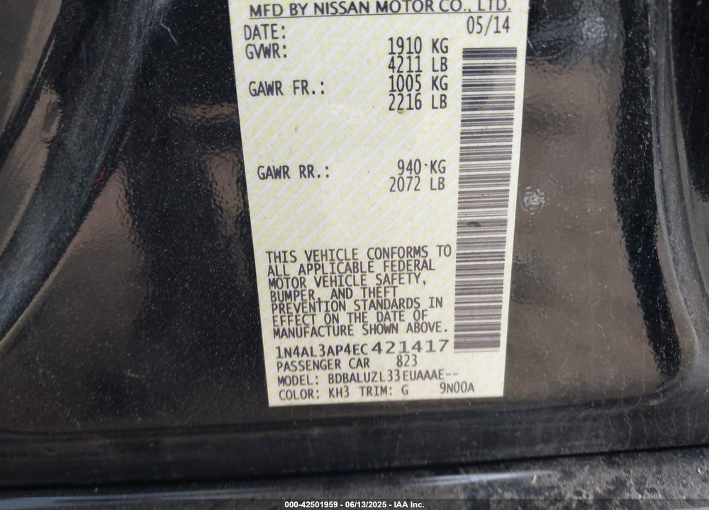 2014 NISSAN ALTIMA VIN: 1N4AL3AP4EC421417