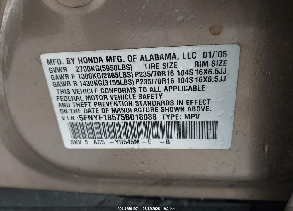 2005 HONDA PILOT EX-L VIN: 5FNYF18575B018088