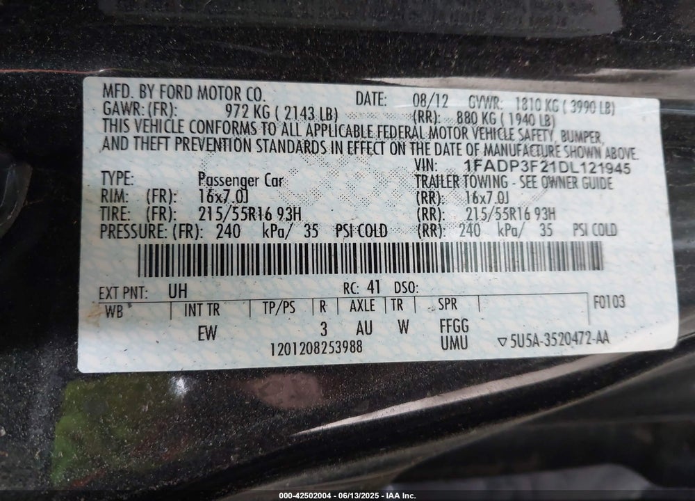 2013 FORD FOCUS VIN: 1FADP3F21DL121945