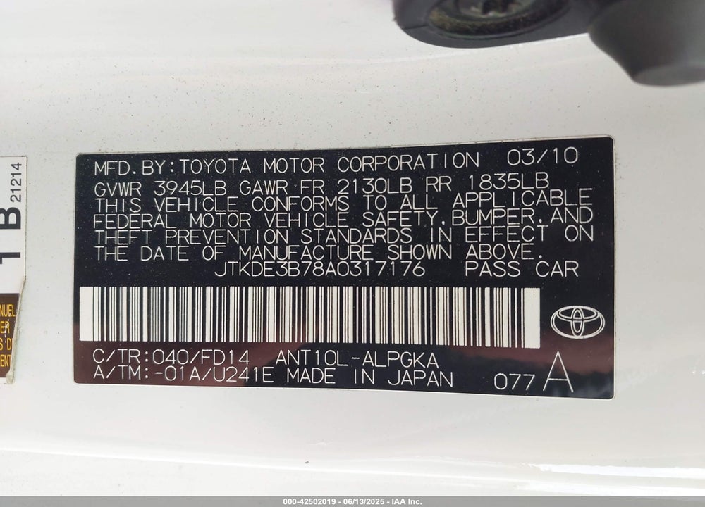 2010 SCION TC VIN: JTKDE3B78A0317176