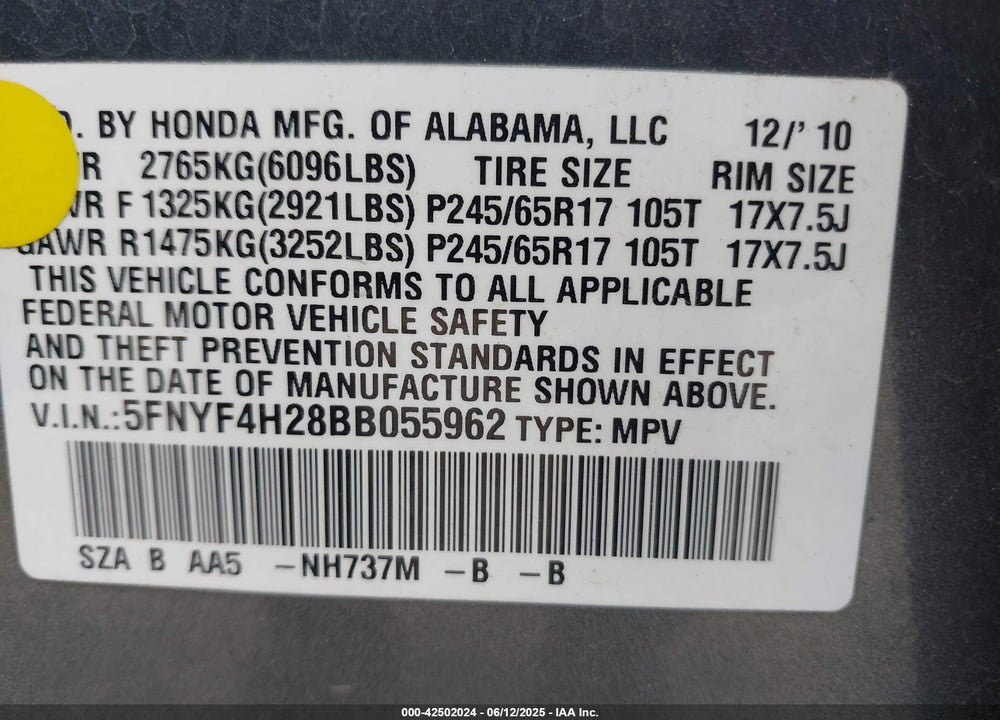 2011 HONDA PILOT LX VIN: 5FNYF4H28BB055962