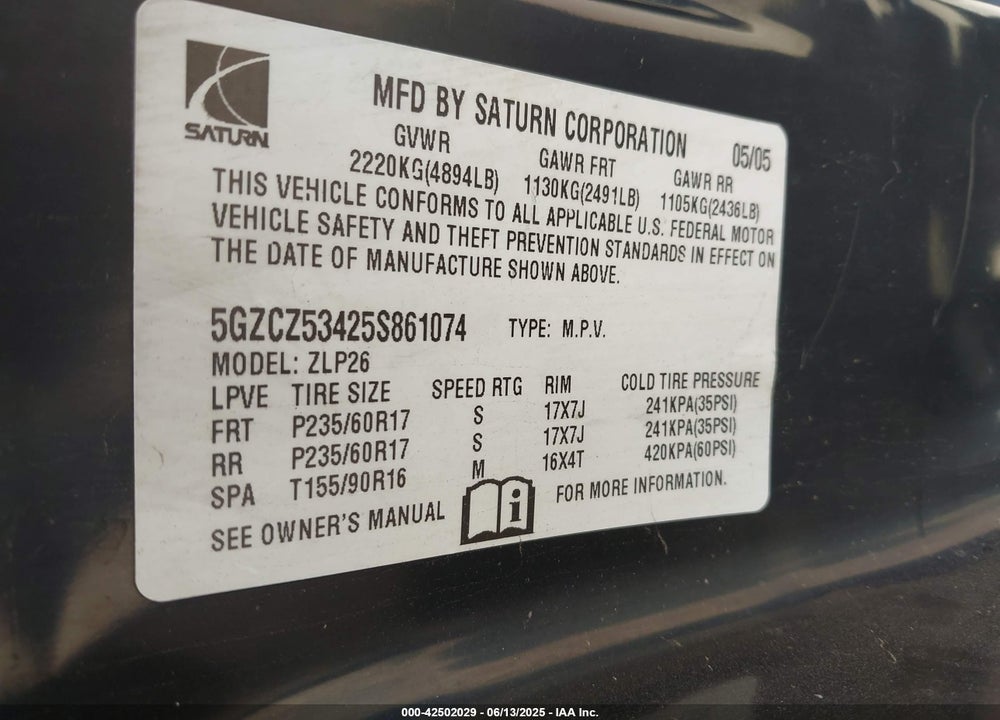 2005 SATURN VUE V6 VIN: 5GZCZ53425S861074