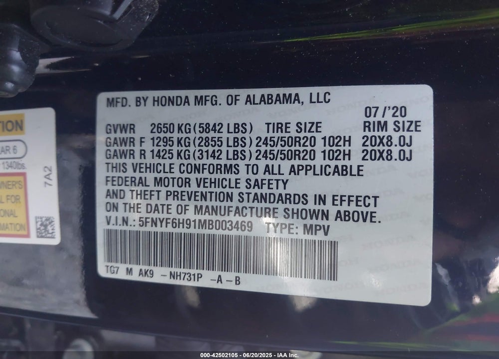 2021 HONDA PILOT VIN: 5FNYF6H91MB003469