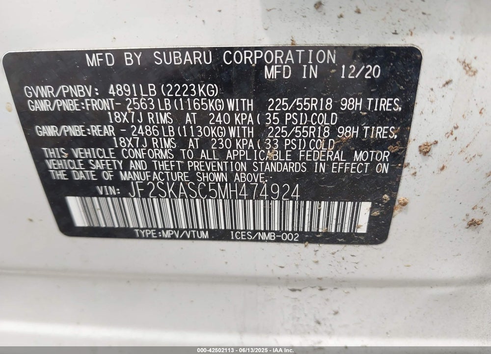 2021 SUBARU FORESTER LIMITED VIN: JF2SKASC5MH474924