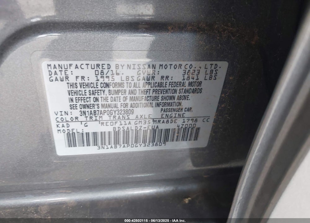 2016 NISSAN SENTRA VIN: 3N1AB7AP0GY323809
