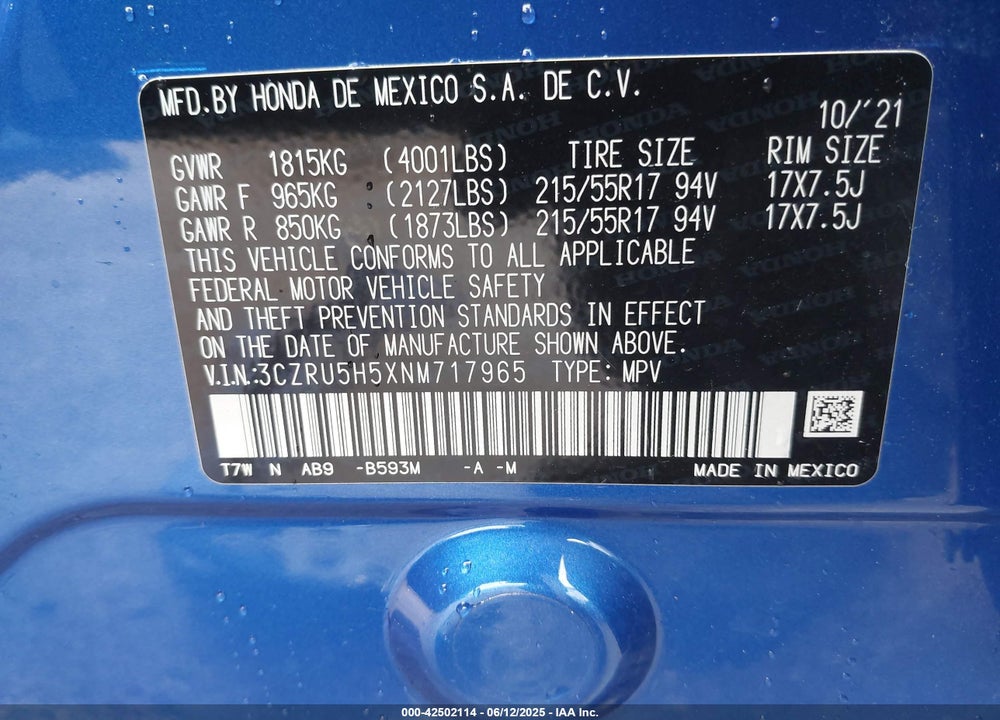 2022 HONDA HR-V VIN: 3CZRU5H5XNM717965