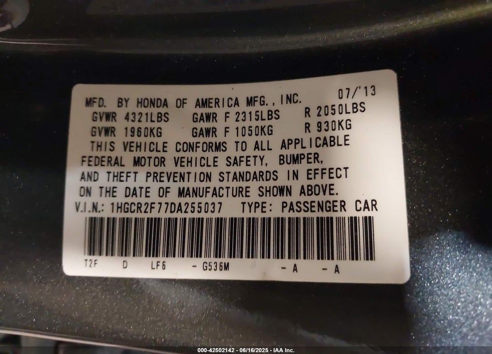 2013 HONDA ACCORD VIN: 1HGCR2F77DA255037