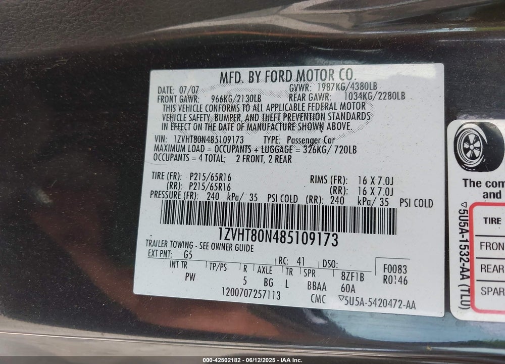2008 FORD MUSTANG V6 DELUXE/V6 PREMIUM VIN: 1ZVHT80N485109173