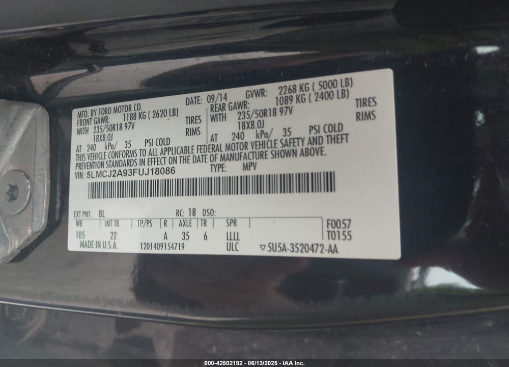 2015 LINCOLN MKC VIN: 5LMCJ2A93FUJ18086