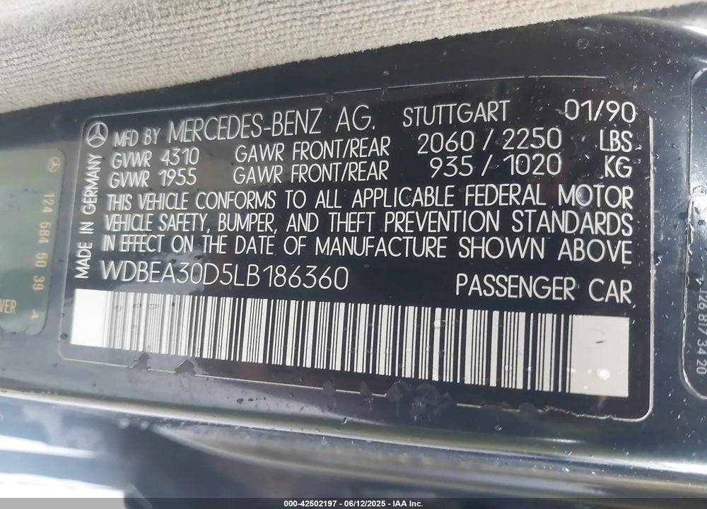 1990 MERCEDES-BENZ 300 E VIN: WDBEA30D5LB186360
