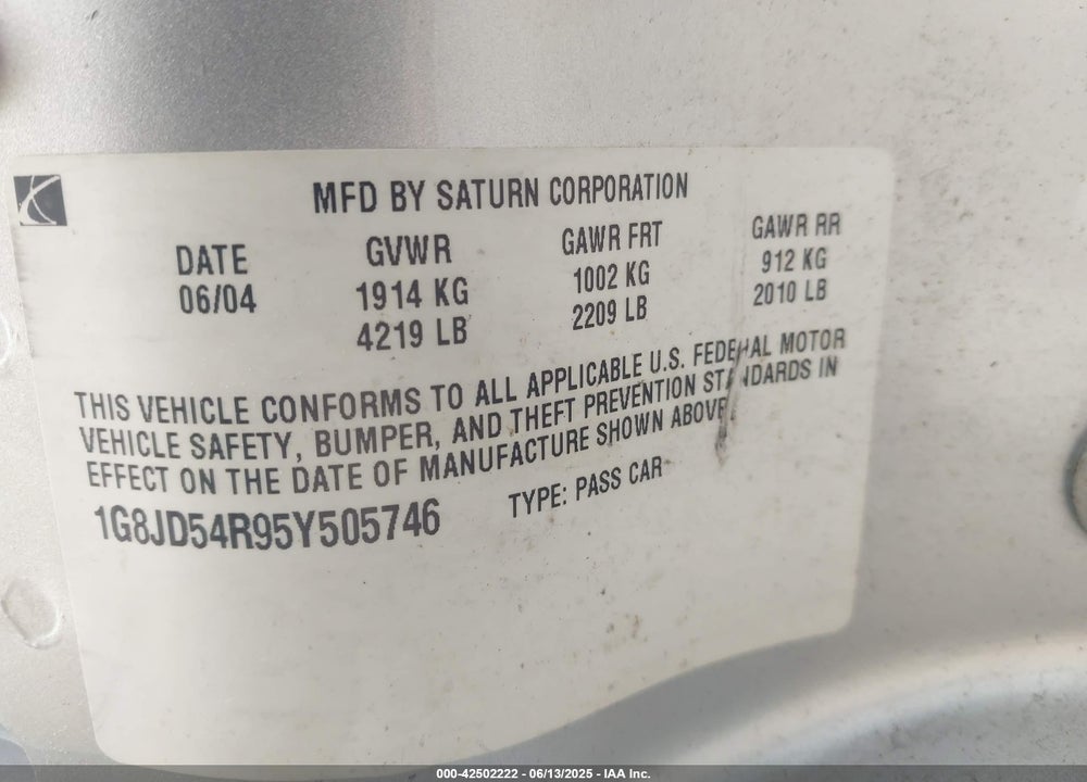2005 SATURN L300 VIN: 1G8JD54R95Y505746