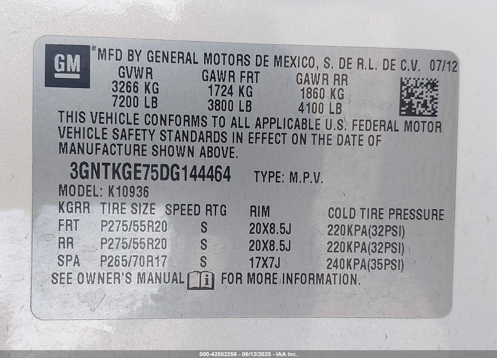 2013 CHEVROLET AVALANCHE VIN: 3GNTKGE75DG144464
