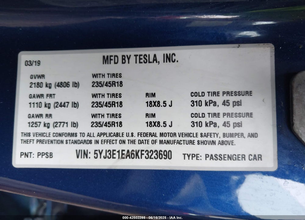 2019 TESLA MODEL 3 VIN: 5YJ3E1EA6KF323690