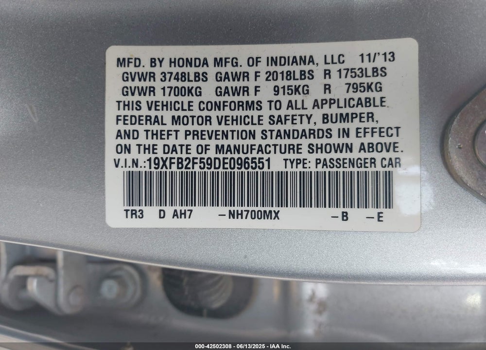 2013 HONDA CIVIC VIN: 19XFB2F59DE096551