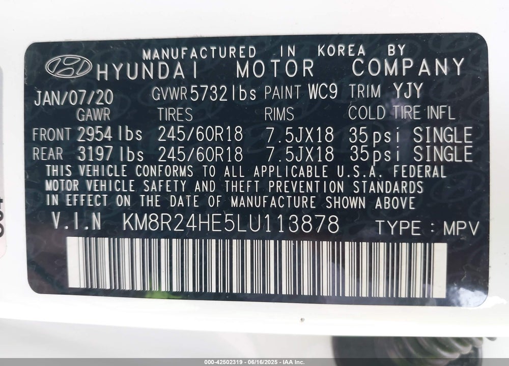 2020 HYUNDAI PALISADE VIN: KM8R24HE5LU113878