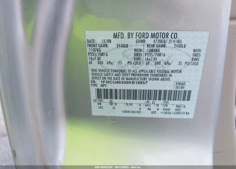 2009 FORD ESCAPE HYBRID LIMITED VIN: 1FMCU49399KB18857