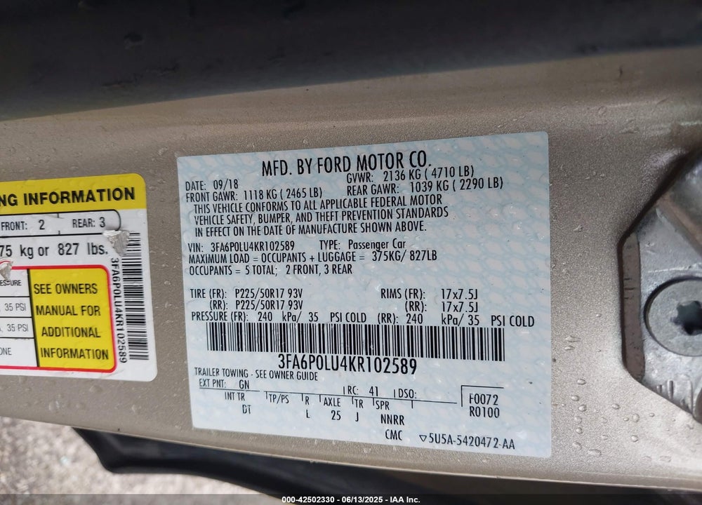 2019 FORD FUSION HYBRID VIN: 3FA6P0LU4KR102589