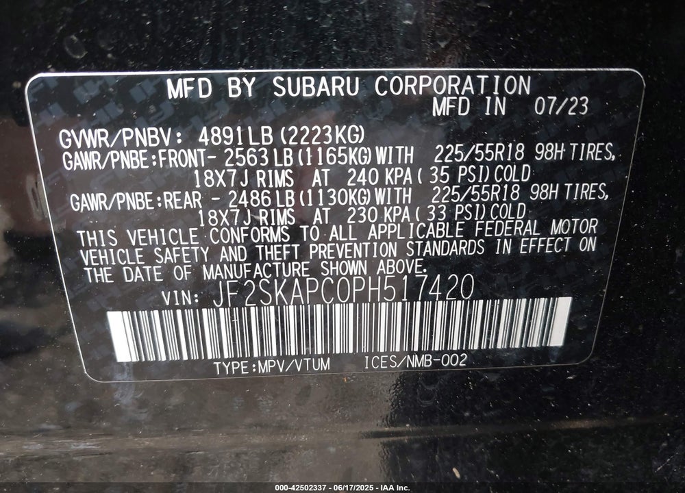 2023 SUBARU FORESTER VIN: JF2SKAPC0PH517420