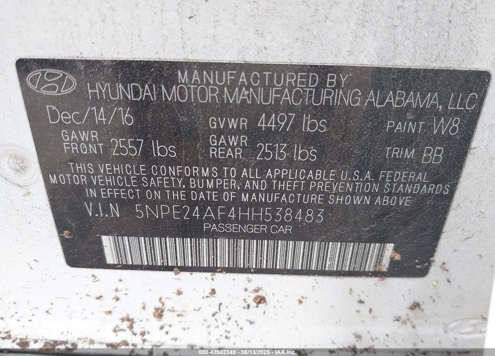 2017 HYUNDAI SONATA VIN: 5NPE24AF4HH538483