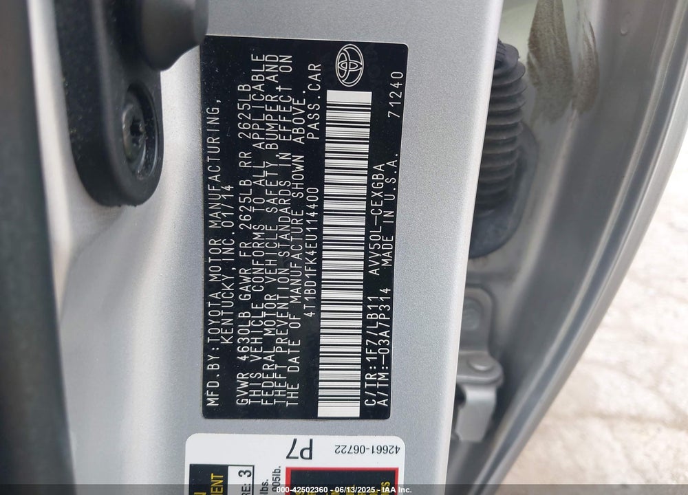 2014 TOYOTA CAMRY HYBRID VIN: 4T1BD1FK4EU114400