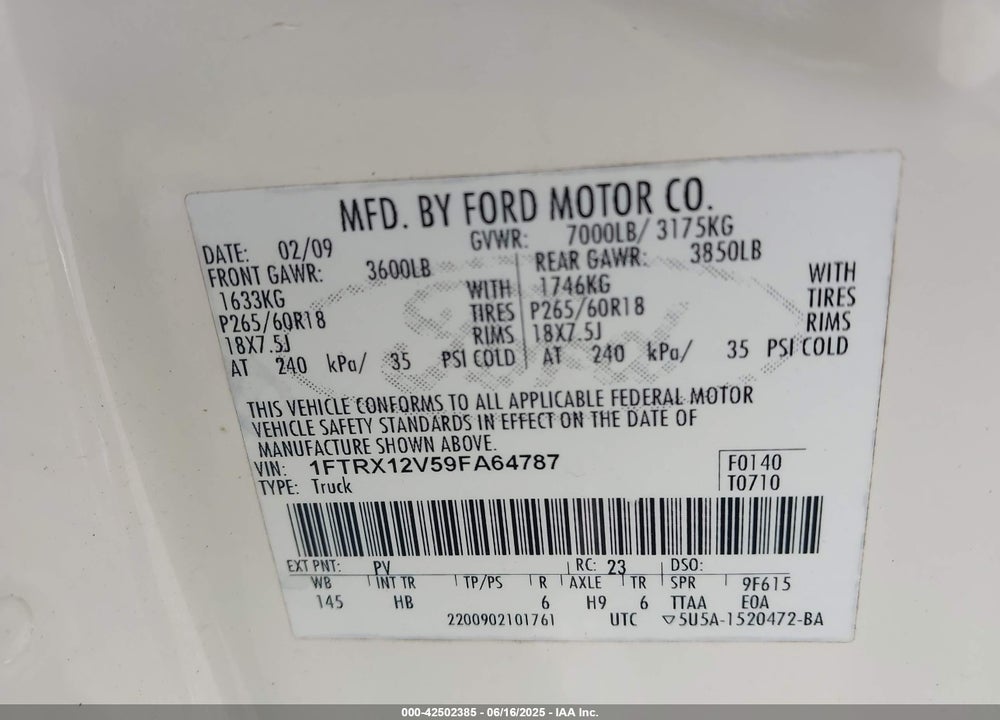 2009 FORD F150 SUPER CAB VIN: 1FTRX12V59FA64787