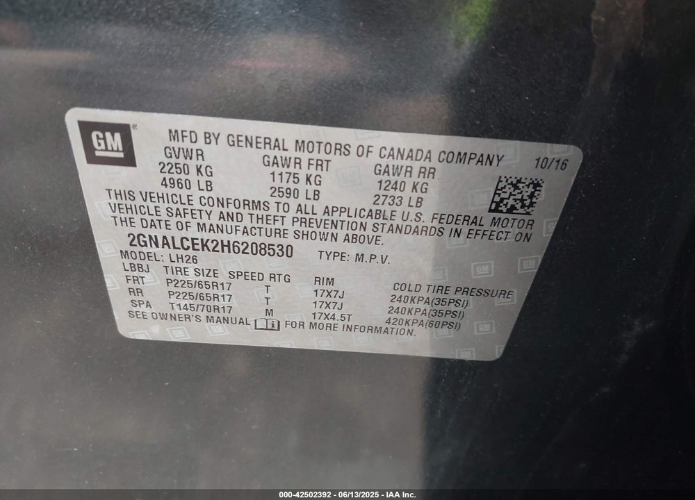 2017 CHEVROLET EQUINOX VIN: 2GNALCEK2H6208530