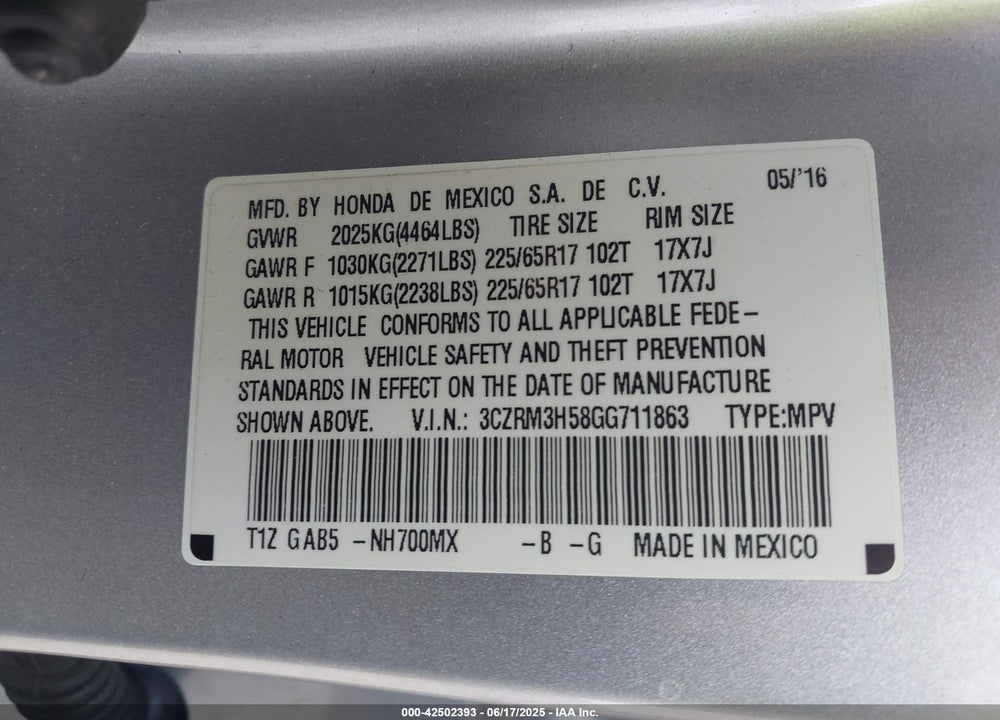 2016 HONDA CR-V VIN: 3CZRM3H58GG711863