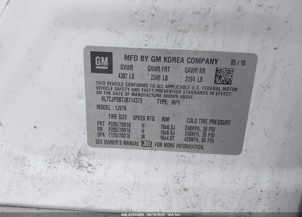 2018 CHEVROLET TRAX VIN: KL7CJPSB7JB714373