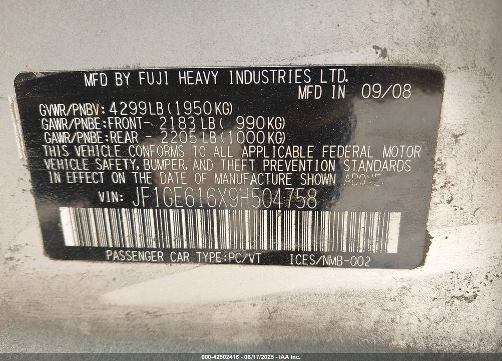 2009 SUBARU IMPREZA 2.5I VIN: JF1GE616X9H504758