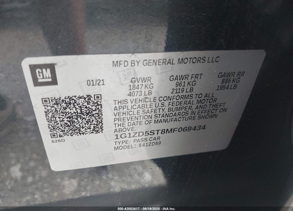 2021 CHEVROLET MALIBU VIN: 1G1ZD5ST8MF069434