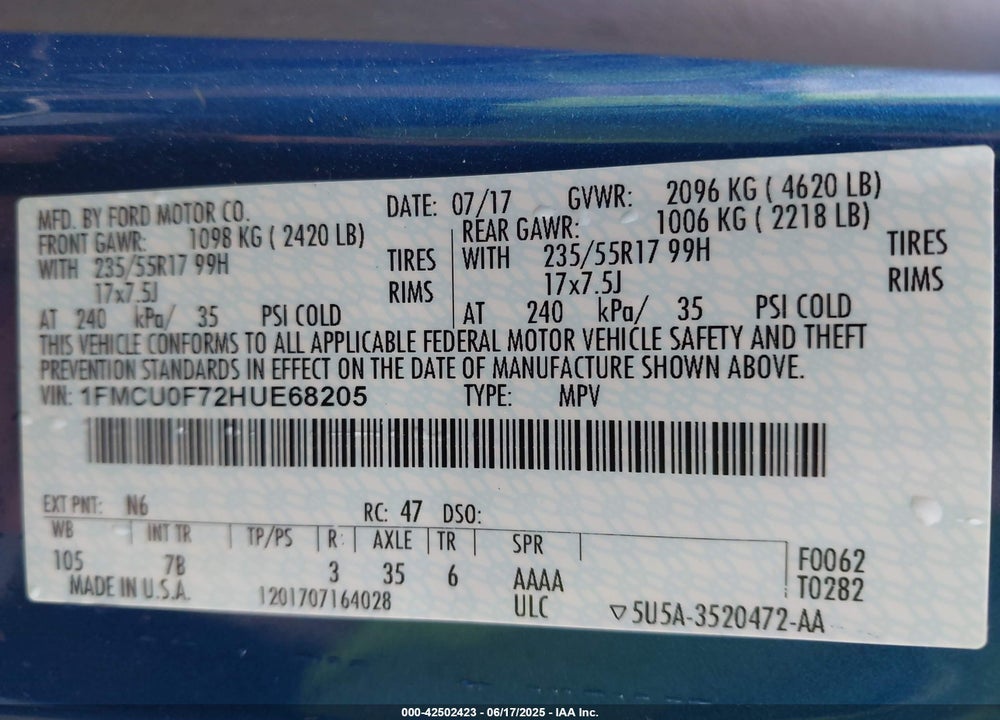 2017 FORD ESCAPE VIN: 1FMCU0F72HUE68205