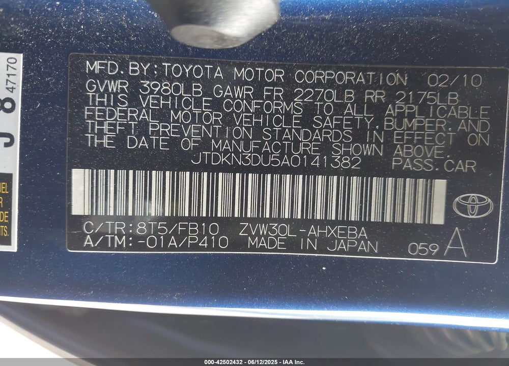 2010 TOYOTA PRIUS VIN: JTDKN3DU5A0141382