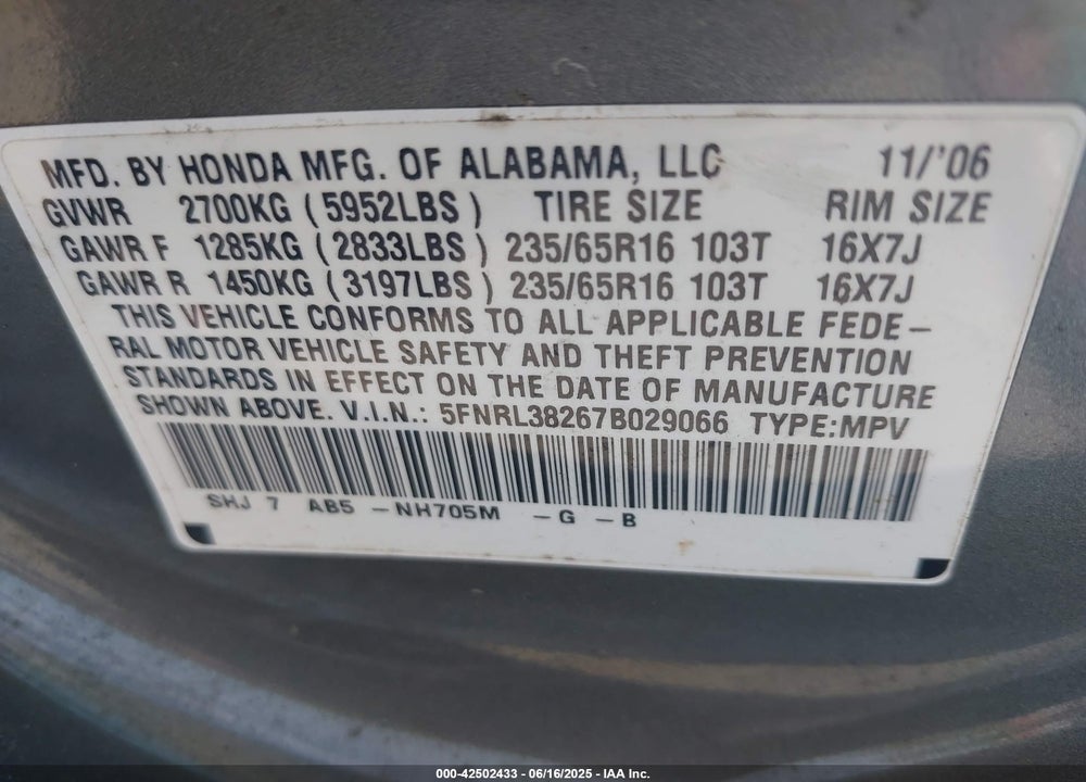 2007 HONDA ODYSSEY VIN: 5FNRL38267B029066