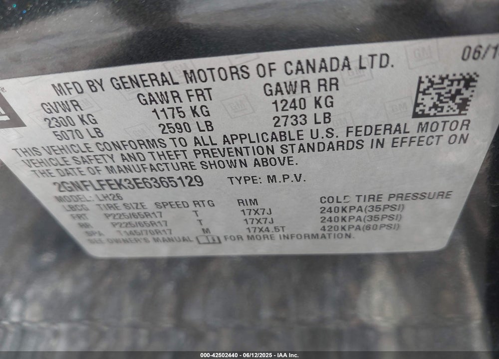 2014 CHEVROLET EQUINOX VIN: 2GNFLFEK3E6365129