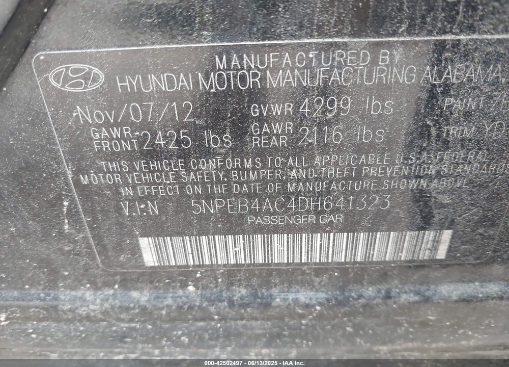2013 HYUNDAI SONATA GLS VIN: 5NPEB4AC4DH641323