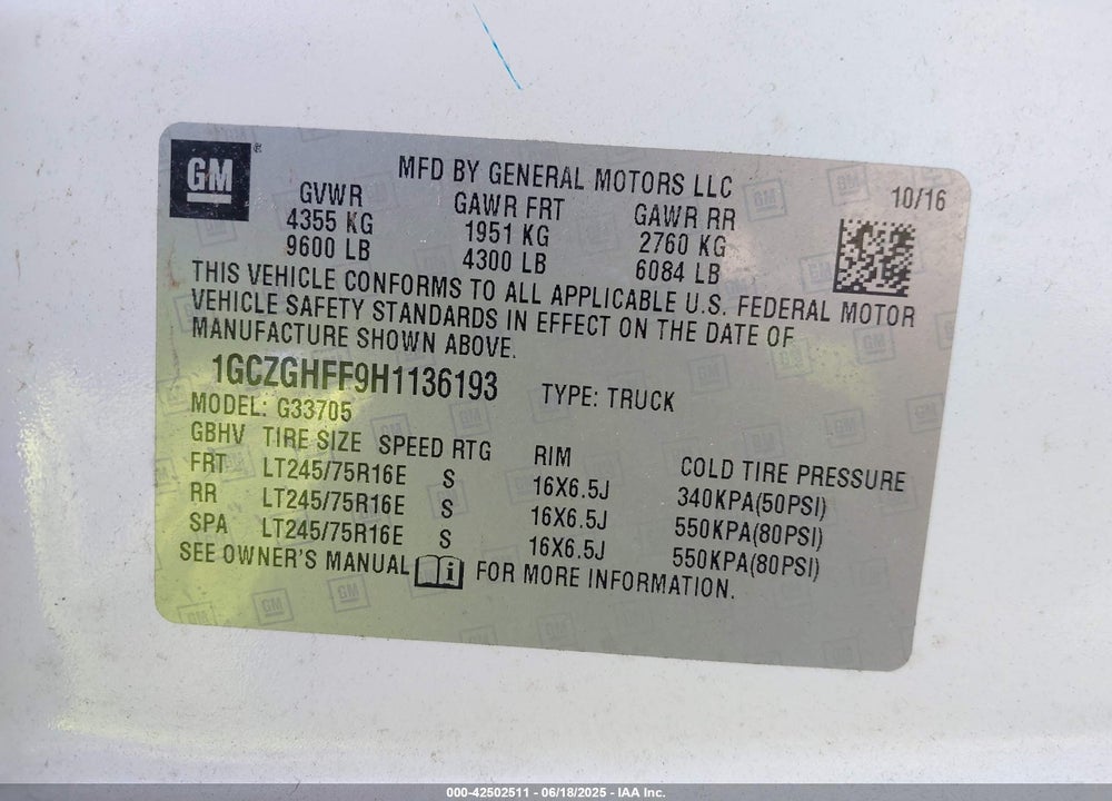 2017 CHEVROLET EXPRESS 3500 WORK VAN VIN: 1GCZGHFF9H1136193