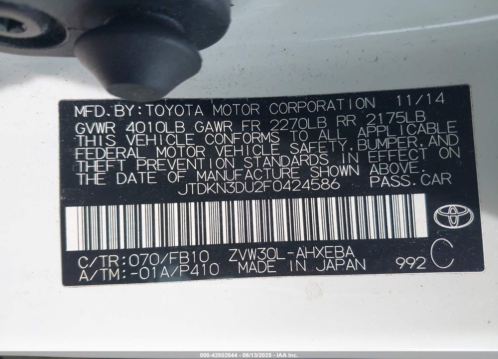 2015 TOYOTA PRIUS VIN: JTDKN3DU2F0424586