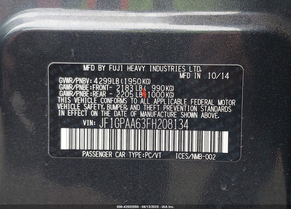 2015 SUBARU IMPREZA VIN: JF1GPAA63FH208134