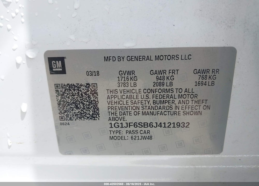 2018 CHEVROLET SONIC VIN: 1G1JF6SB6J4121932