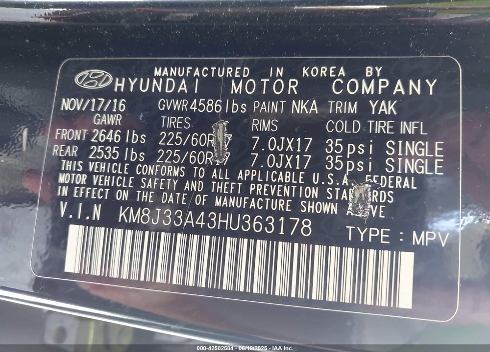 2017 HYUNDAI TUCSON SE PLUS VIN: KM8J33A43HU363178