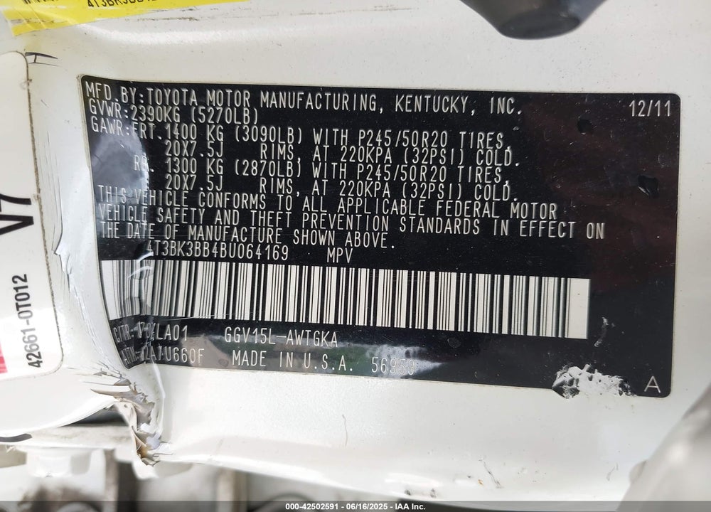 2011 TOYOTA VENZA VIN: 4T3BK3BB4BU064169
