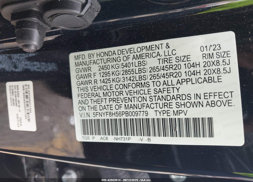 2023 HONDA PASSPORT VIN: 5FNYF8H56PB009779